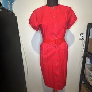 Vintage Liz Claiborne Red Silk Dress Belted Shirt Dress Sz 4